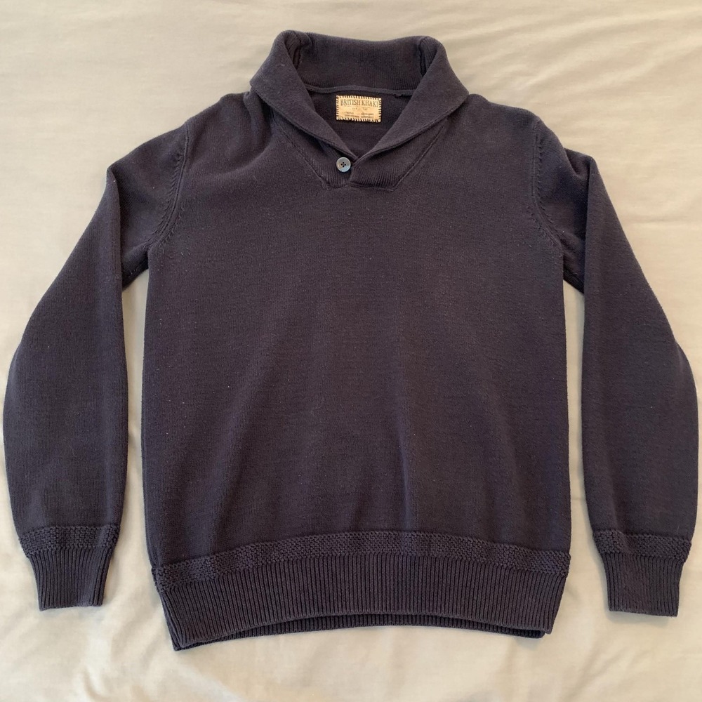 British Khaki Sweater Mens‎ Small Blue Shawl Collar Cotton Knit Pullover Winter